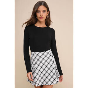 Lulus Upscale Attitude Ivory Plaid Tweed Skater Mini Skirt White - Size S